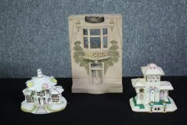 A Timothy Richards architectural model and two Coalport china houses. H.29 W.22 D.12cm.
