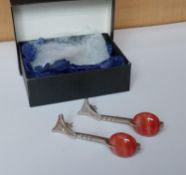 A pair of modern silver and art glass drop earrings.