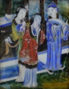 A framed and glazed early 20th century Chinese reverse painted on glass of three geishas in a