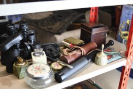 Miscellaneous. Including a cased telescope measuring 46 cm long, two pair of binoculars and desk