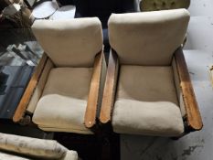 Armchairs, pair mid century oak. H.90 W.58 D.70cm.