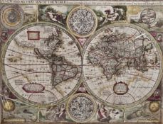A framed and glazed reproduction print of a double hemisphere map of the world. H.71 W.94cm.