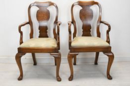 Armchairs, a pair, mid Georgian style burr walnut. H.96 W.56 D.46cm.