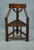 Turners chair, 19th century oak with bobbin turned arms. H.92 W.62 D.49cm.