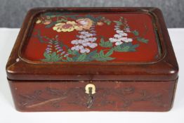 A 19th century Japanese cloisonne enamel and lacquered lockable jewellery box. The inset enamel