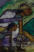 Watercolour painting on fabric. Unsigned. Framed. H.95 W.70 cm.