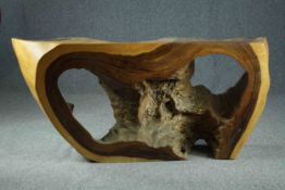 A large console table from a section of exotic hardwood, waxed and oiled. Unique. H.74 W.166 D.35cm.