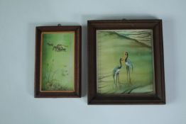 Two small Ukrainian watercolours. A pair of storks and grazing cattle. Signed 'H. Donets'. Framed