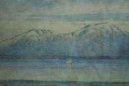 Watercolour. Mountain scene. Signed indistinctly bottom right. Dated 1917. Framed. H.43 W.63 cm.