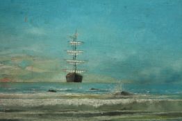 Oil painting on board. A Royal Navy ship. Naive in style and indistinctly signed lower right. H.43