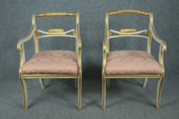 Armchairs, a pair Regency with caned seats. Later painted with drop in seats.