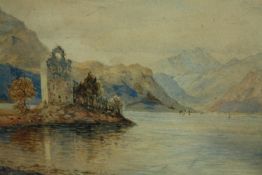 William Nicholson, RSA (1781-1844). Watercolour. Loch and ruins. Framed. H.26 W.55 cm.