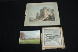 Edmund Weirotter (1733-1771). Hand coloured etching of a castle in Tivoli, Italy. Also, two unsigned