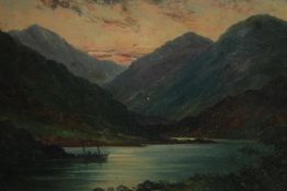 Oil painting on board. Scottish loch scene with a boat in the foreground. Signed indistinctly bottom