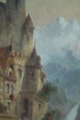 Oil on board. Mountain scene. In a decorative gilt frame. Nineteenth century. Signed and dated
