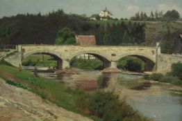 Oil on board. River scene. Signed and dated indistinctly lower right. H.46 W.57 cm.