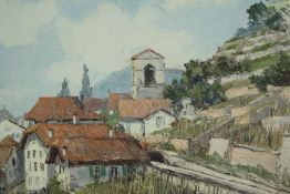 Oil painting on board. Mountain village probably Alpine. Signed lower right 'Lourens'? Framed. H.