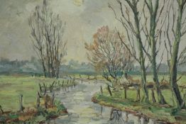 Oil painting on board. Landscape. Signed indistinctly lower right. Framed. H.48 W.58 cm.