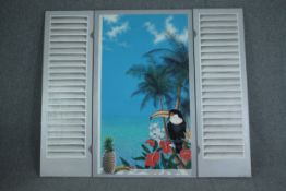 Mary Pinnock (Australian 1951-present). A large acrylic on board of Toucan with tropical flowers.