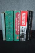 A collection of signed books including Salman Rushdie's The Moor's Last Sign and V.S. Pritchett's