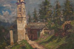 Paolo Giovanni Crida (Italian. 1886 - 1967). Oil on board. An Italian church. In a decorative gilt