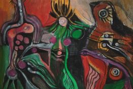 A surreal style watercolour. Signed indistinctly lower right. Framed and glazed. H.49 W.69cm.