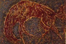Monotype print signed and dated 1957. A horse in style of cave paintings. Signed indistinctly bottom