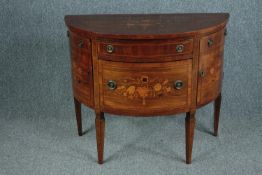 A demi lune walnut and satinwood strung cabinet with Dutch marquetry style floral inlay. H.82 W.