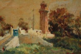 Kamel Moustafa (Egyptian, 1917-1982). Oil painting on canvas titled 'Tower'. With labels on the back