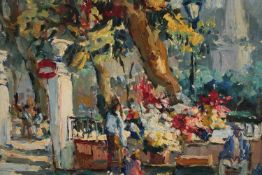 Oil painting on board. Flowers seller. Probably a Parisian scene. Signed indistinctly lower left.
