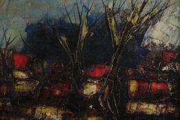 Expressionist oil painting on canvas, trees in a landscape. Unsigned. Circa 1950. Framed. H.43 W.