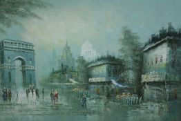 A large oil painting on canvas. Parisian street scene featuring the Arc de Triomphe. Signed lower