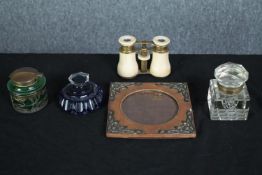 Miscellany. A pair of opera binoculars, an Art Nouveau leather frame and green lustre glass brass