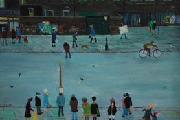 Henry Harvey. Oil painting on board. Titled on the back 'The Bus Stop'. Framed. Signed lower left.