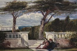 William Muller born 1881. Watercolour. Signed. Seated figures by garden steps. In a heavy and well