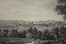 Engraving. A view of the city of Hamburg with couple in foreground. Framed and glazed. Nineteenth