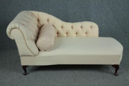 A 19th century style upholstered chaise longue. H.95 W.125 D.60cm.