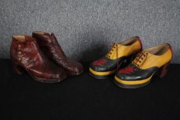 Two pairs of bespoke made platform high heeled shoes. Both size 9. Snakeskin boots and the other