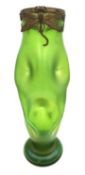 An Art Nouveau Loetz style green iridescent glass vase with four highly detailed brass dragonflies