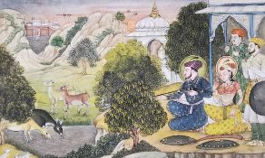 Indian Mughal school, 19th century gouache on paper of a romantic couple hunting deer joined by