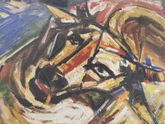 Ramkinkar Baij, Indian (1906 - 1980), oil on canvas of a stylised cows head, Monogrammed R.K.