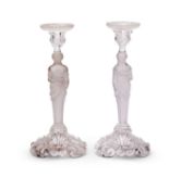 ATTRIBUTED TO BACCARAT: A PAIR OF EARLY 20TH CENTURY FROSTED GLASS FIGURAL CANDLESTICKS