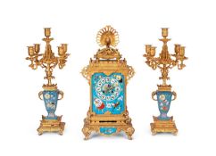 ATTRIBUTED TO L'ESCALIER DE CRISTAL: A FINE LATE 19TH CENTURY ORMOLU AND PORCELAIN CLOCK GARNITURE