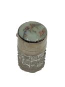 A SILVER, ENAMEL AND GLASS PERFUME BOTTLE