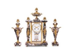AN EARLY 20TH CENTURY FRENCH COLOURED MARBLE CLOCK GARNITURE