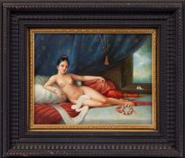 AN ORIENTALIST STYLE OIL ON COPPER PAINTING OF AN ODALISQUE