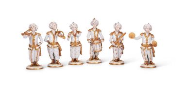 A SET OF SIX EARLY 20TH CENTURY SITZENDORF PORCELAIN FIGURES OF OTTOMAN MUSICIANS