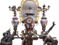 MANNER OF EDOUARD LIEVRE: AN IMPRESSIVE JAPONISME PORCELAIN AND ORMOLU CLOCK GARNITURE