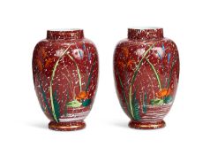 A PAIR OF LATE 19TH / EARLY 20TH CENTURY ENAMELLED GLASS VASES