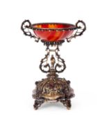 A SILVER GILT, AGATE AND JEWELLED 19TH CENTURY VIENNESE TAZZA